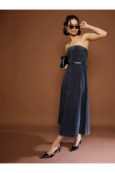 Sassafras By Styli Black Washed Denim Bandeau Neck Midi Dress