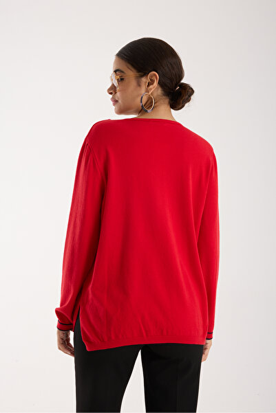 Moda Days Women's Red Contrast Piped and Side Slit V-Neck Knitwear Blouse