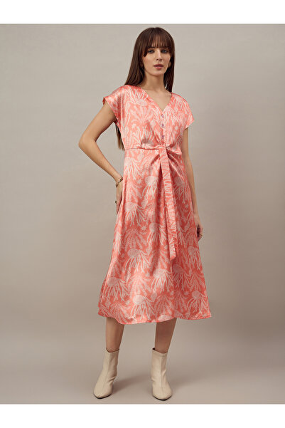 Kuwarii By Styli Orange Knot Front Midi Dress