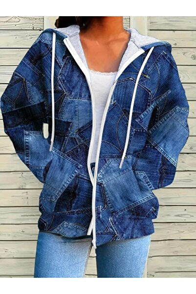 Lady Moss Women's Long Sleeve Hooded Zippered Denim Patterned Lace-Up Modal Jacket