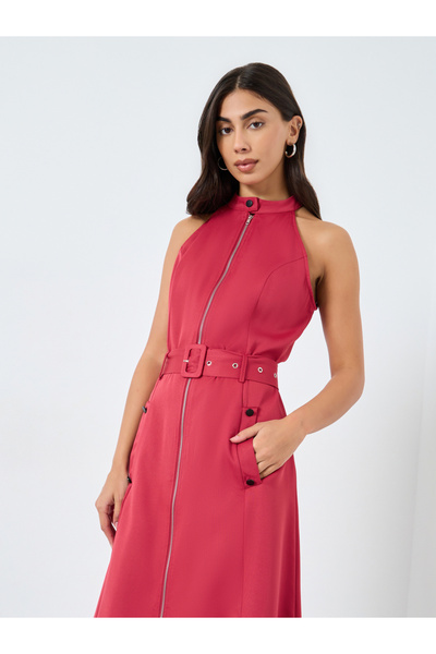 Styli Red Belted Midi Dress with Zipper Detail