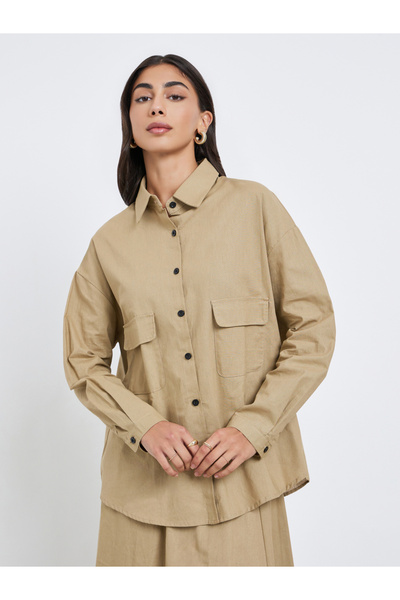 Styli Beige Cotton Linen Shirt and Skirt Modest Co-Ords