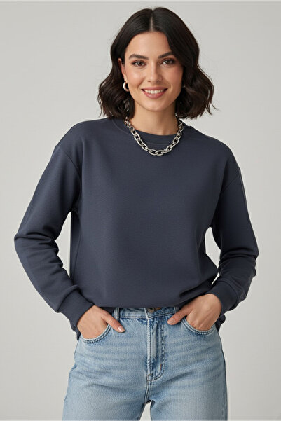 TOFİSA Γυναικείο φούτερ με λαιμόκοψη oversized Smoked - 27955-FUME