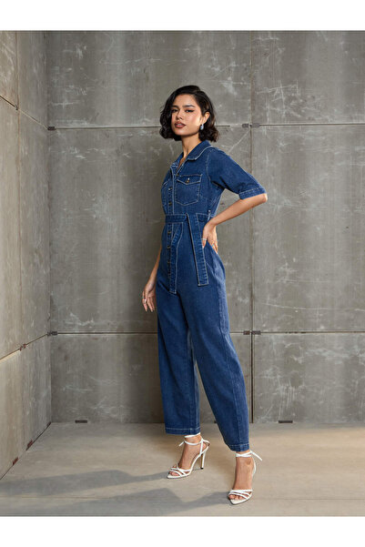 Sassafras By Styli Blue Washed Denim Short Sleeve Jumpsuit