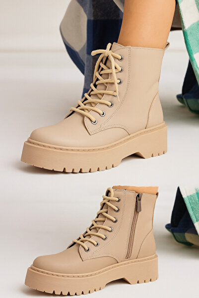 Aleza Shoes Vanetix Women's Beige Thick Sole Lace-Up Casual Boots