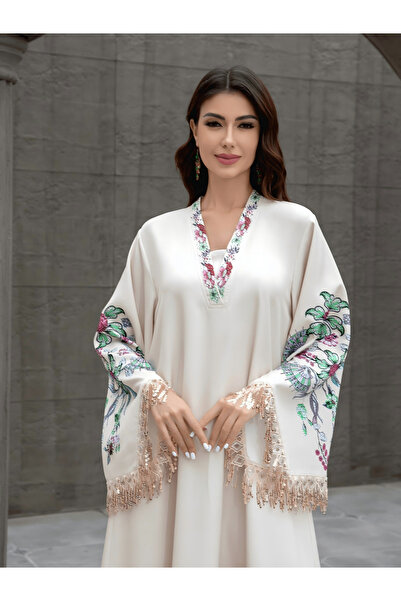 Take Two By Styli Floral Print Embellished Tassel Beaded Jalabiya