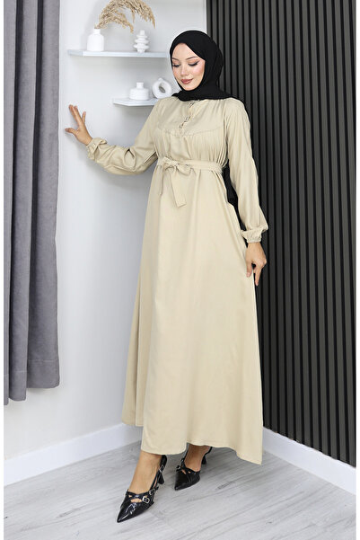 sefamerve Belmando fabric half buttoned belted dress 2166-05 beige