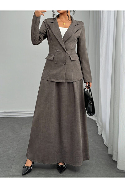 Take Two By Styli Grey Double Breasted Blazer and Skirt Co-Ords