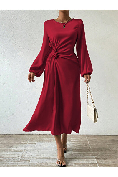 Take Two By Styli Floral Detail Balloon Sleeve Midi Dress