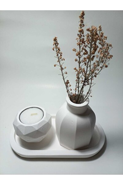 emilysamy Geometric Candle Holder and Vase Decorative Set with Plate White