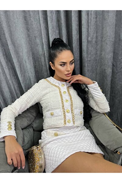 Siseniorita 2 Piece Tweed Crop Jacket and Quilted Mini Skirt Set - Gold Chain and Button Details