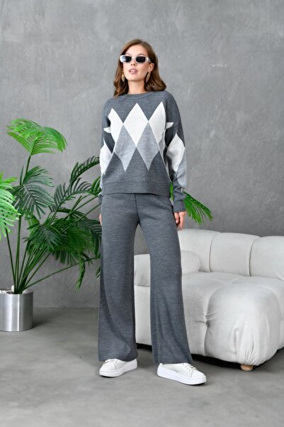 Noi Belis Oversized Plaid Patterned Crew Neck Knitwear Bottom-Top Set Aw25Au0030