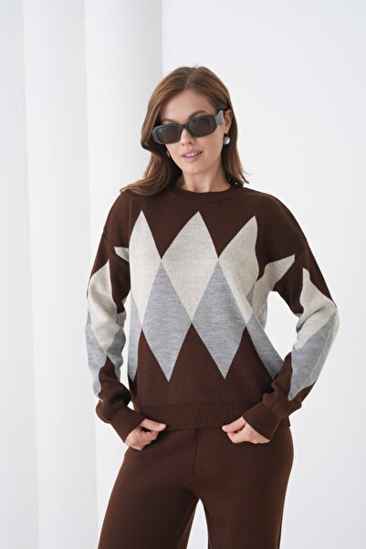 Noi Belis Oversized Plaid Patterned Crew Neck Knitwear Bottom-Top Set Aw25Au0030
