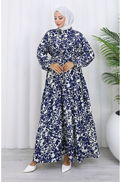 sefamerve Judge collar lace-up patterned dress 0190-04 navy blue