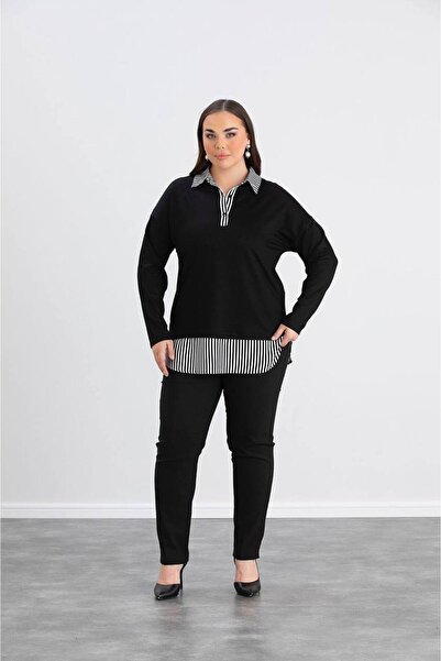 QUAWEAR Shirt Collar Sides Slit Striped Poplin Fabric Paneled Combed Cotton Fabric Tunic