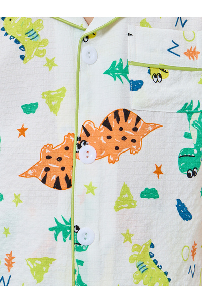 Take Two By Styli Boy White Dino Graphic Print Shirt and Pyjama Set