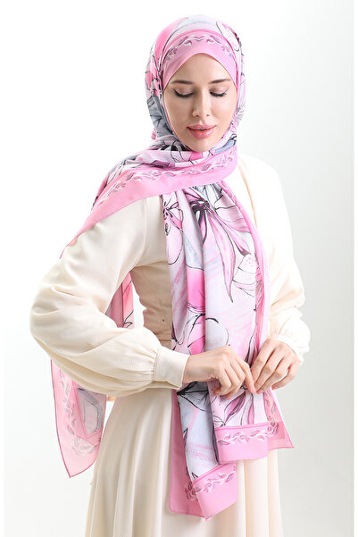 sefamerve Σάλι από γαλλικό μετάξι Hanzade 70330-15 Ροζ Γκρι