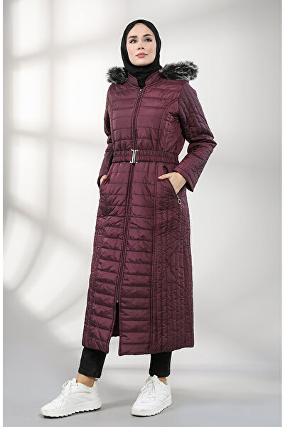sefamerve Hooded Quilted Coat 0813-04 Plum