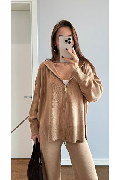 My Blog Camel Hooded Zippered Knitwear Suit - 0511