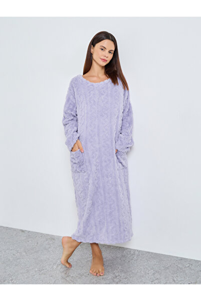 Styli Cable Knit Fleece Nightdress with Pocket Detail