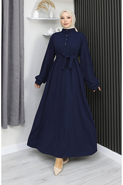 sefamerve Scuba fabric half buttoned belted dress 2167-04 navy blue