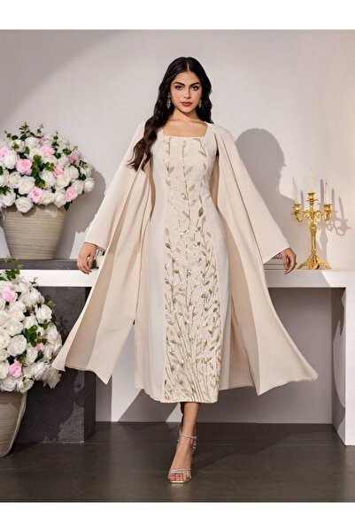 Take Two By Styli Beige Embroidered Midi Dress and Kimono Co-ords