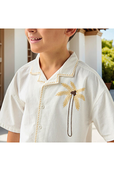 ELIGO Embroidered Shirt with Camp Collar and Short Sleeves