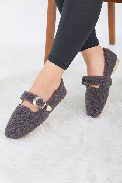 TOFİSA Women's Anthracite Belt Detailed Plush Ballerinas - 27910-Antrasit