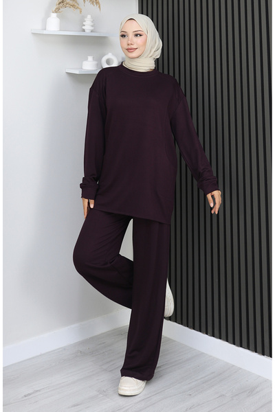 sefamerve Premium υφασμάτινο παντελόνι τουνίκ διπλό σετ 2163-03 Plum