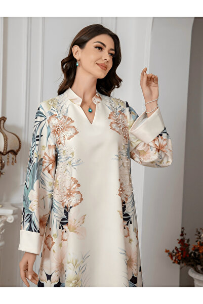 Take Two By Styli Floral Print Embellished Faux Pearl Detail Jalabiya