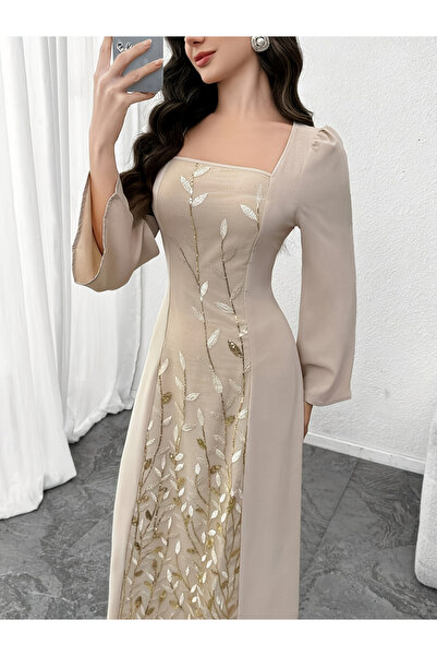 Take Two By Styli Floral Embroidered Detail Square Neck Maxi Dress