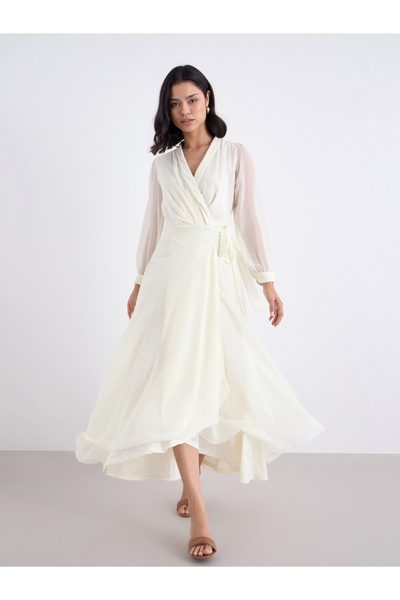 Styli Off White Tie Waist Wrap Midi Dress