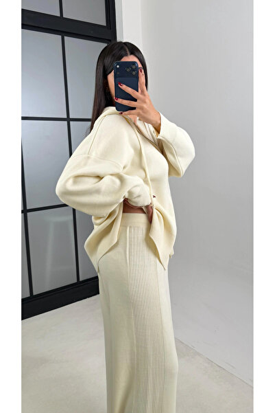 My Blog Cream Hooded Zippered Knitwear Set - 0511