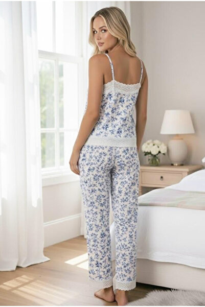 Siyah İnci Set de pijamale din viscoză cu dantelă cu flori albe și curea din frânghie 7914