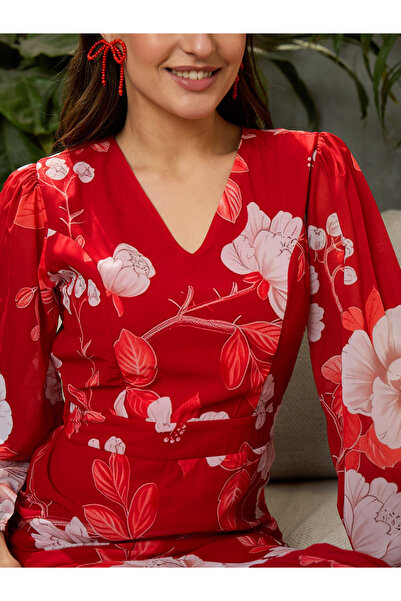 Sassafras By Styli Red Floral Print Balloon Sleeve Midi Dress