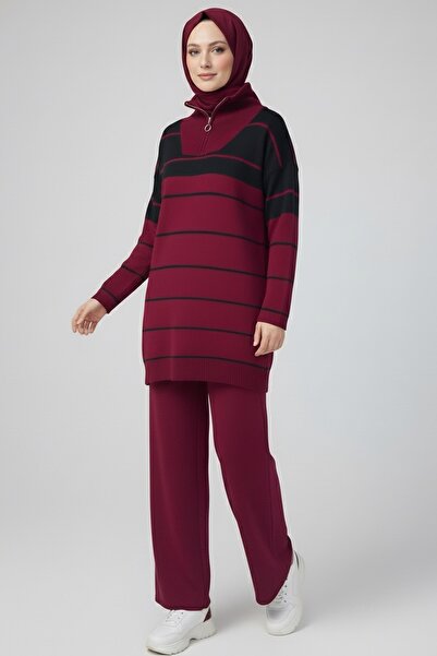 TOFİSA Striped Zippered Knitwear Set Claret Red - 27997-Bordo
