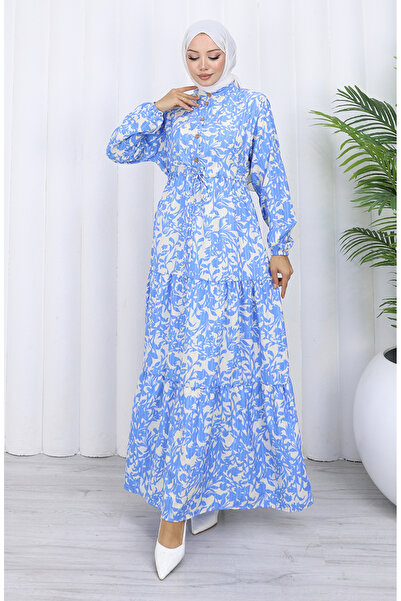 sefamerve Hakim Yaka Beli Patterned Dress with Lace-Up Collar 0190-02 Indigo