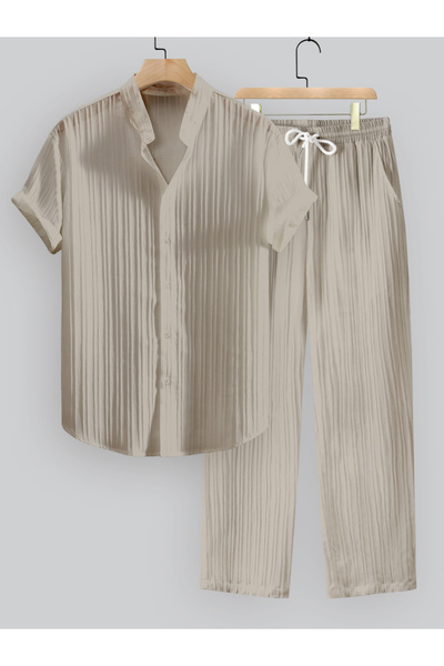 Take Two By Styli Men Beige Textured Shirt and Pants Co-Ords