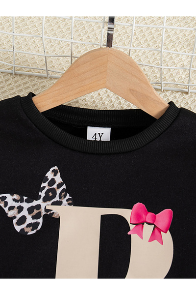 Take Two By Styli Girl's Graphic Print Long Sleeve Sweatshirt With Leopard Print Pants Set