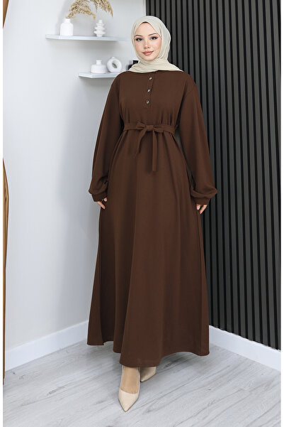 sefamerve Scuba fabric half buttoned belted dress 2167-01 brown