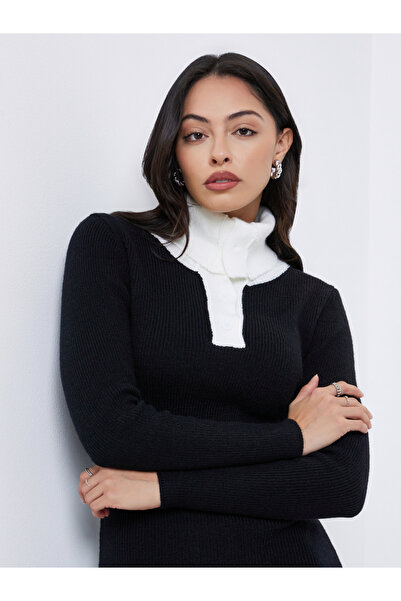 Styli Black Ribbed Knit Sweater Midi Dress