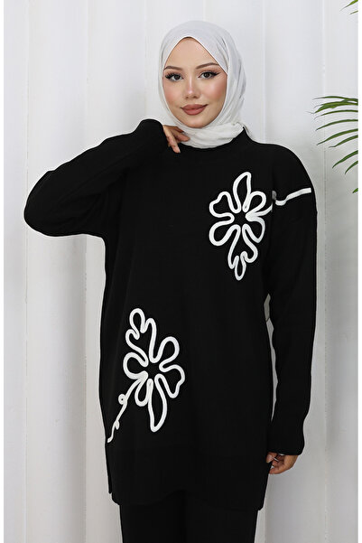 sefamerve Knitwear Floral Patterned Tunic Trousers Double Set 1110-03 Black