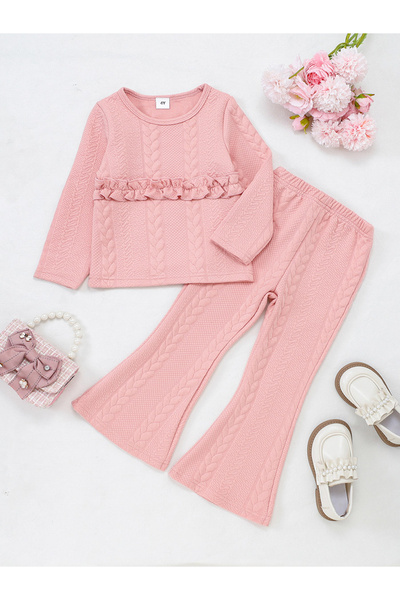 Take Two By Styli Girl's Solid Texture Ruffle Hem Top With Flare Pants Set