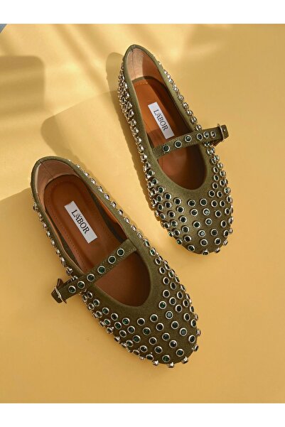 labor Selection Round Toe Suede Stone Embellished Ballerinas