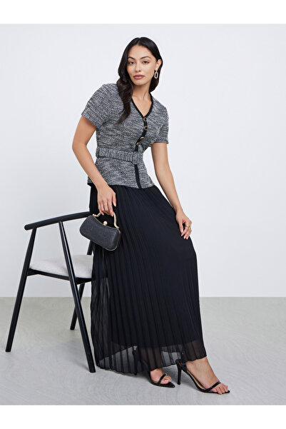 Styli Black Tweed Pleated Maxi Evening Dress