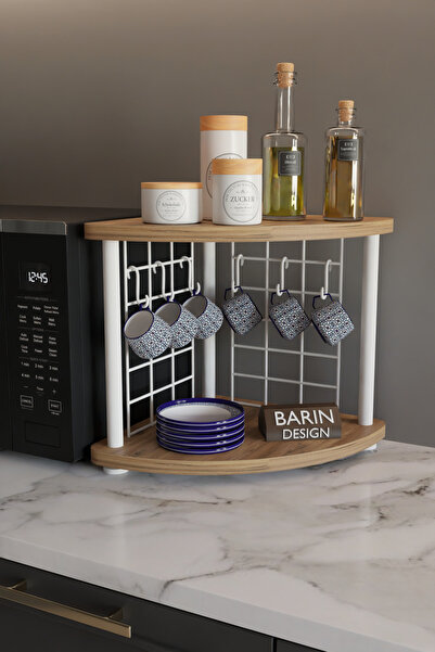 BARIN DESIGN Metal Telli Kahve Köşesi Çevirtak Çok Amaçlı Mutfak Standı Tezgah Üstü Düzenleyici Çift Katlı Askılı