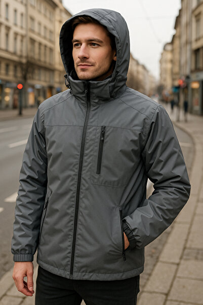 REMSA Men's Hooded Pocket Detailed Fleece Lined Winter Coat 2540 Smoked