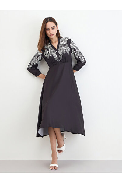 Styli فستان ميدي أسود مطبوع بأزرار