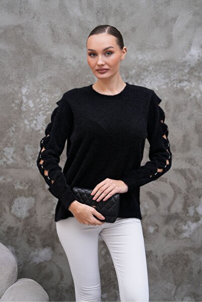 AGORATEKSTİL Дамски пуловер с дълги ръкави от вълна, с детайли по ръкавите и ...