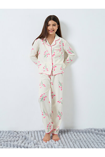 Take Two By Styli Teens Cream Floral Print Shirt and Pyjama Set